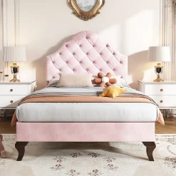 Redom Lit 90x200 cm tapissé velours rose avec tête réglable, lattes en bois et pieds 20 cm, design élégant Online