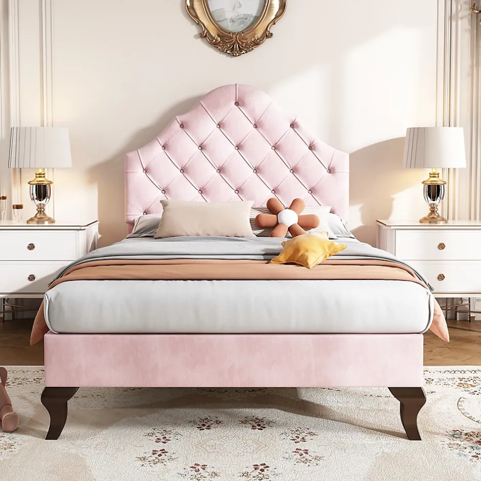 Redom Lit 90x200 cm tapissé velours rose avec tête réglable, lattes en bois et pieds 20 cm, design élégant Online