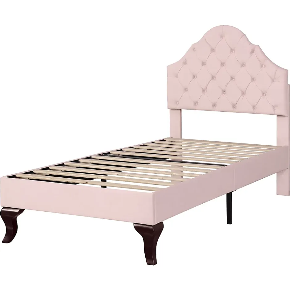 Redom Lit 90x200 cm tapissé velours rose avec tête réglable, lattes en bois et pieds 20 cm, design élégant Online