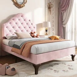 Redom Lit 90x200 cm tapissé velours rose avec tête réglable, lattes en bois et pieds 20 cm, design élégant Online