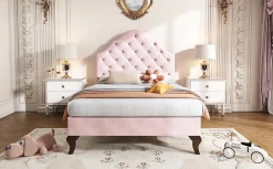Redom Lit 90x200 cm tapissé velours rose avec tête réglable, lattes en bois et pieds 20 cm, design élégant Online