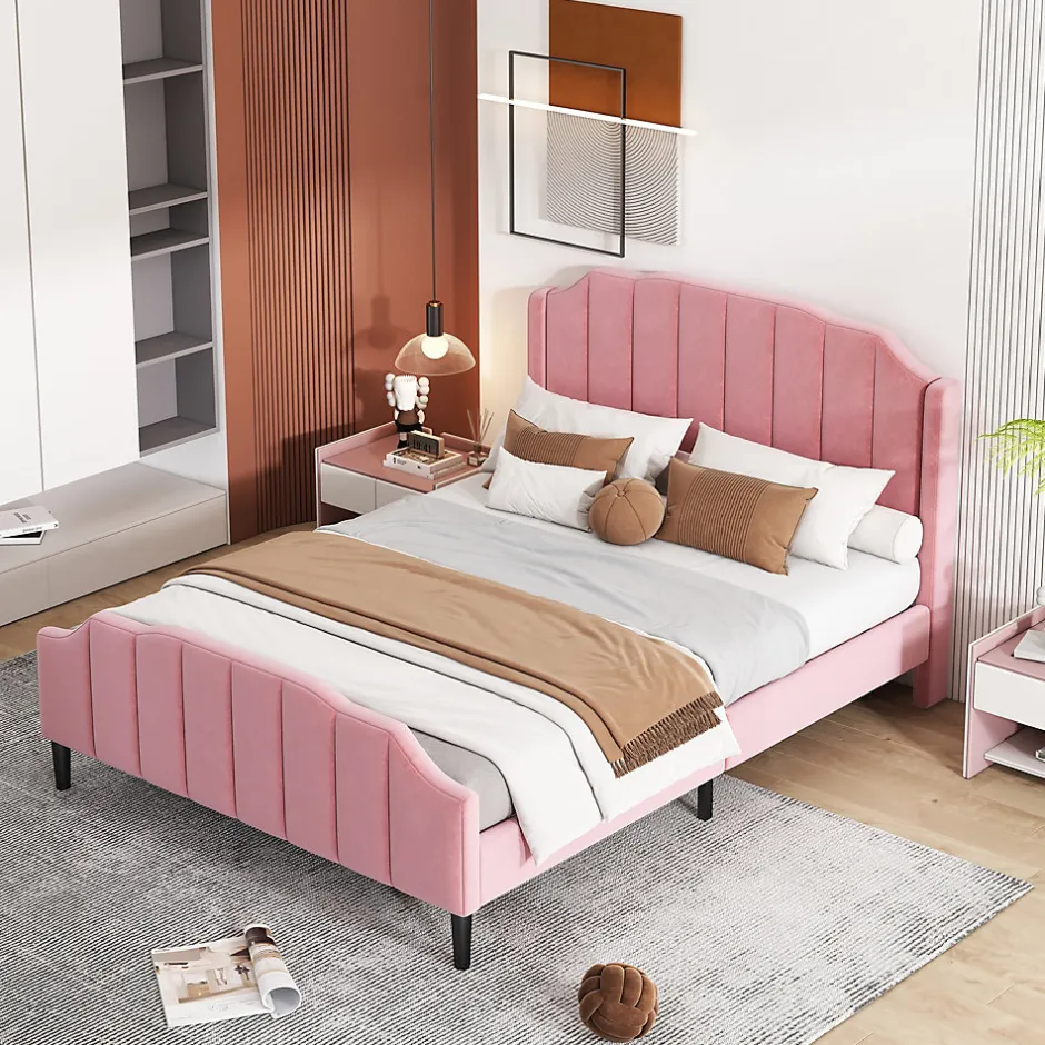 Redom Lit 140x200 cm tapissé velours rose avec tête et pied rembourrés, cadre MDF robuste contemporain