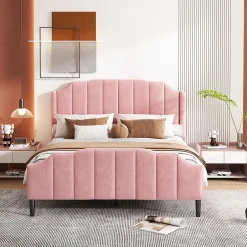 Redom Lit 140x200 cm tapissé velours rose avec tête et pied rembourrés, cadre MDF robuste contemporain