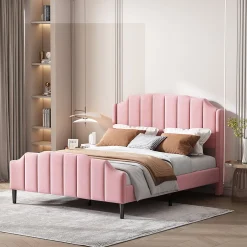 Redom Lit 140x200 cm tapissé velours rose avec tête et pied rembourrés, cadre MDF robuste contemporain