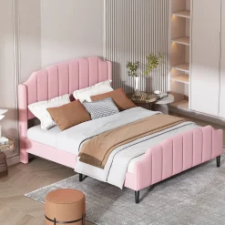 Redom Lit 140x200 cm tapissé velours rose avec tête et pied rembourrés, cadre MDF robuste contemporain