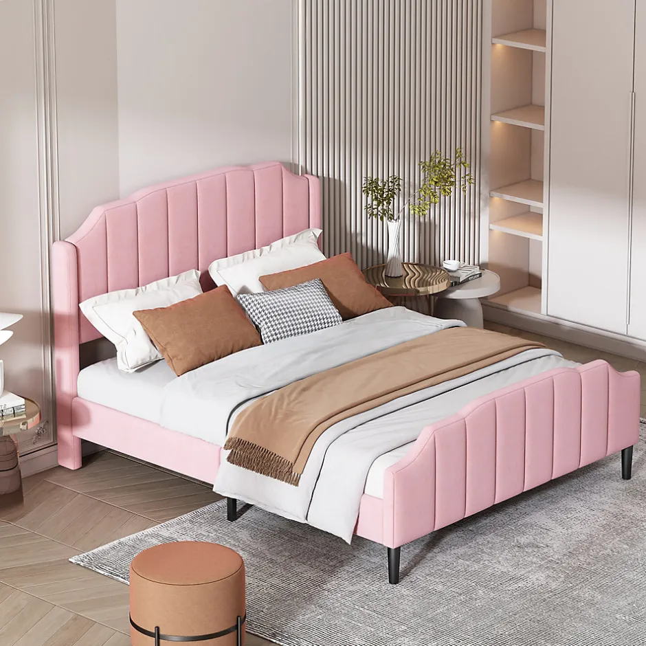 Redom Lit 140x200 cm tapissé velours rose avec tête et pied rembourrés, cadre MDF robuste contemporain