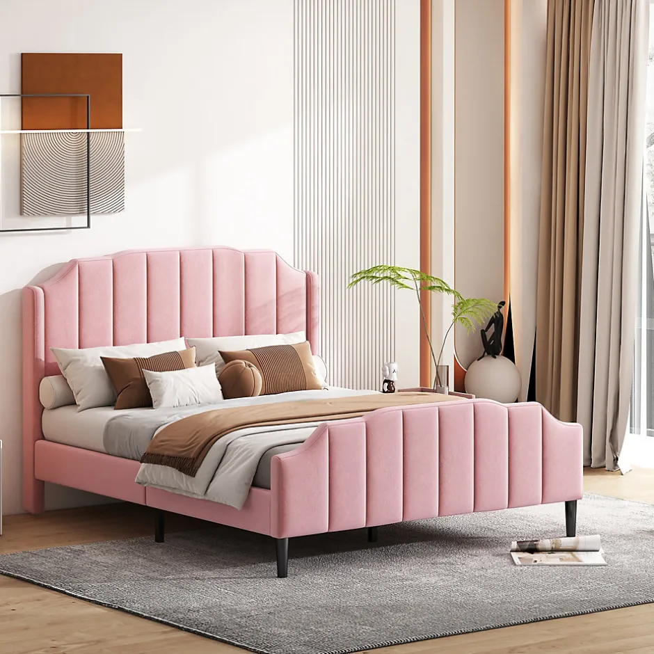 Redom Lit 140x200 cm tapissé velours rose avec tête et pied rembourrés, cadre MDF robuste contemporain