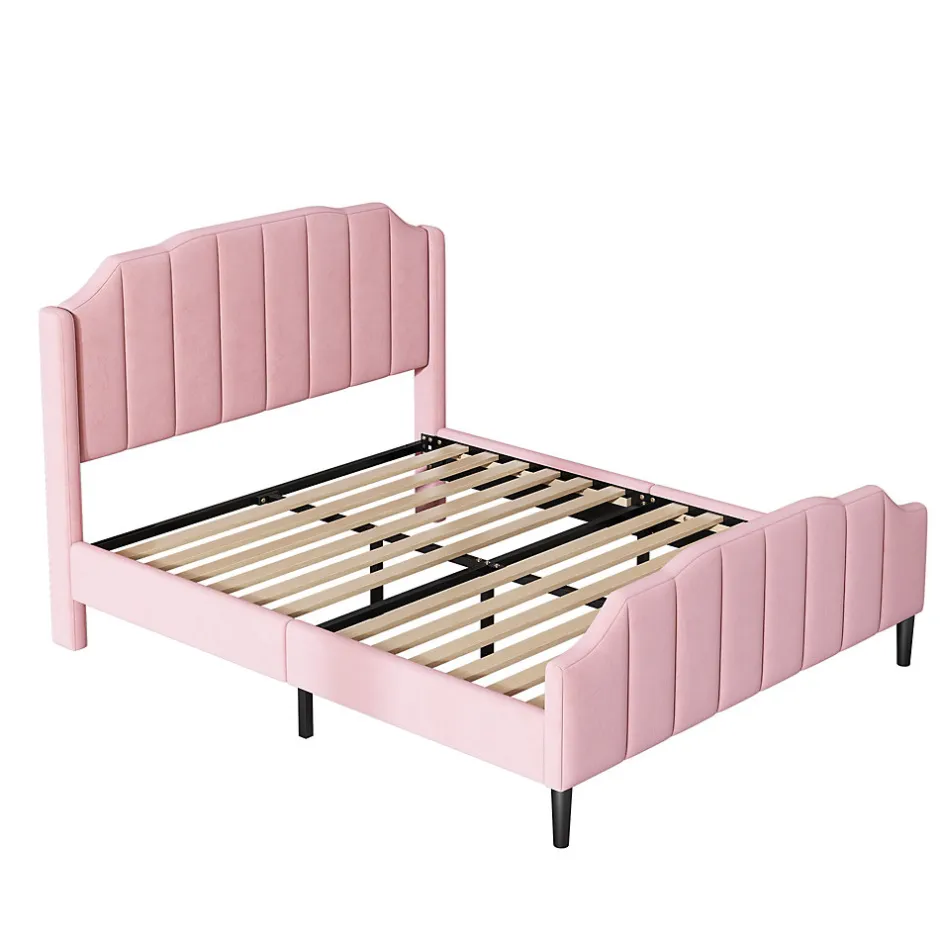 Redom Lit 140x200 cm tapissé velours rose avec tête et pied rembourrés, cadre MDF robuste contemporain
