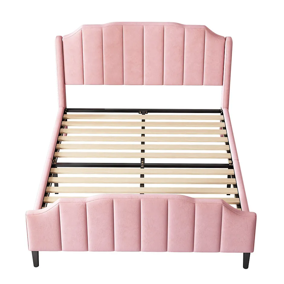 Redom Lit 140x200 cm tapissé velours rose avec tête et pied rembourrés, cadre MDF robuste contemporain