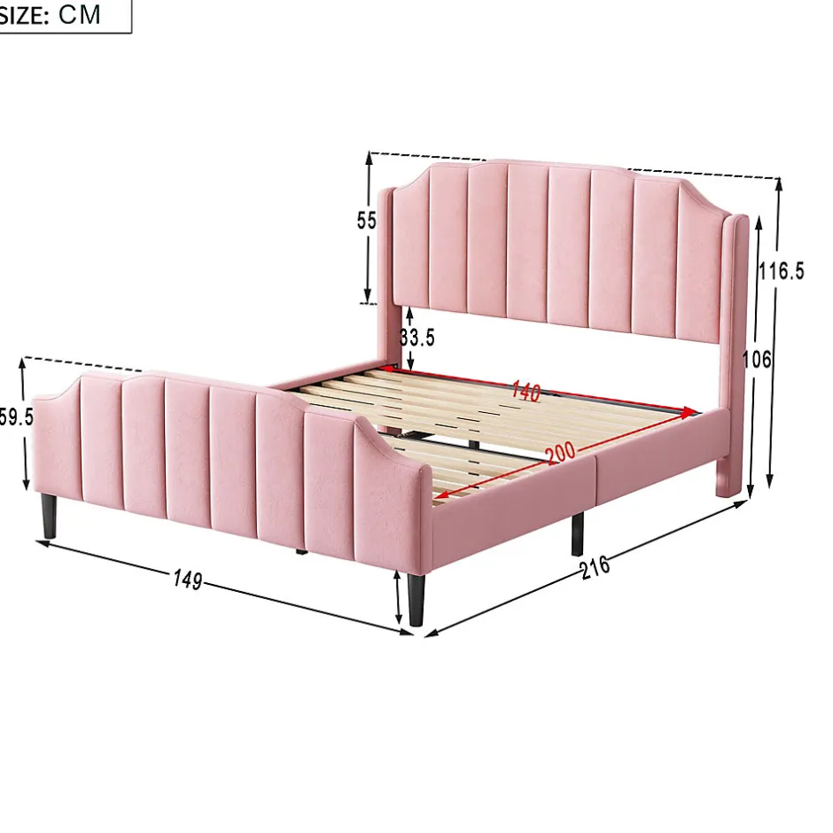 Redom Lit 140x200 cm tapissé velours rose avec tête et pied rembourrés, cadre MDF robuste contemporain