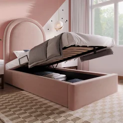 Redom Lit 90x190 cm tapissé velours rose avec tête demi-cercle et coffre, cadre métal et bois massif, style moderne