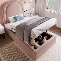 Redom Lit 90x190 cm tapissé velours rose avec tête demi-cercle et coffre, cadre métal et bois massif, style moderne