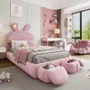 Redom Lit 90x200 cm tapissé velours rose avec oreilles de lapin et éclairage LED réglable, 2 poufs
