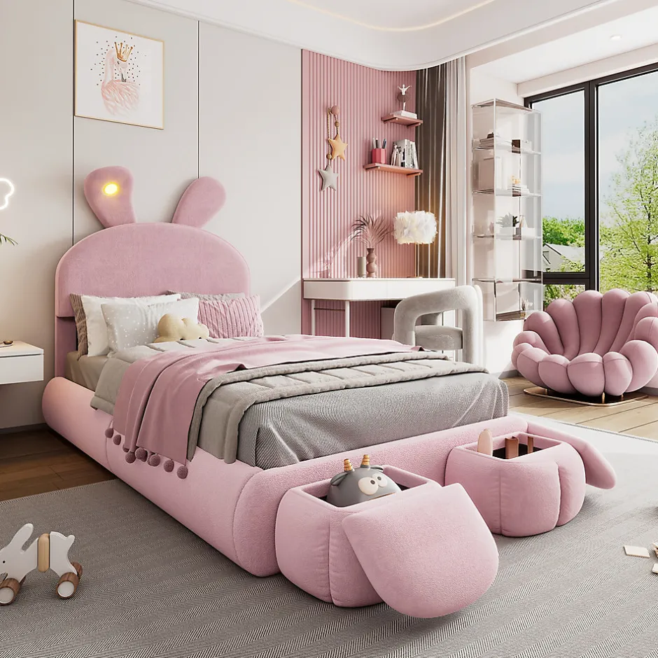 Redom Lit 90x200 cm tapissé velours rose avec oreilles de lapin et éclairage LED réglable, 2 poufs