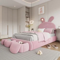 Redom Lit 90x200 cm tapissé velours rose avec oreilles de lapin et éclairage LED réglable, 2 poufs