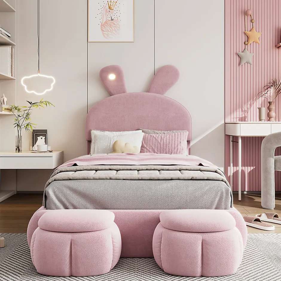 Redom Lit 90x200 cm tapissé velours rose avec oreilles de lapin et éclairage LED réglable, 2 poufs