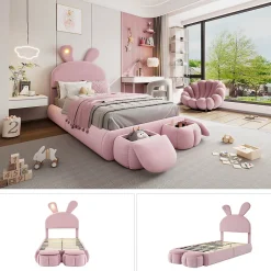 Redom Lit 90x200 cm tapissé velours rose avec oreilles de lapin et éclairage LED réglable, 2 poufs