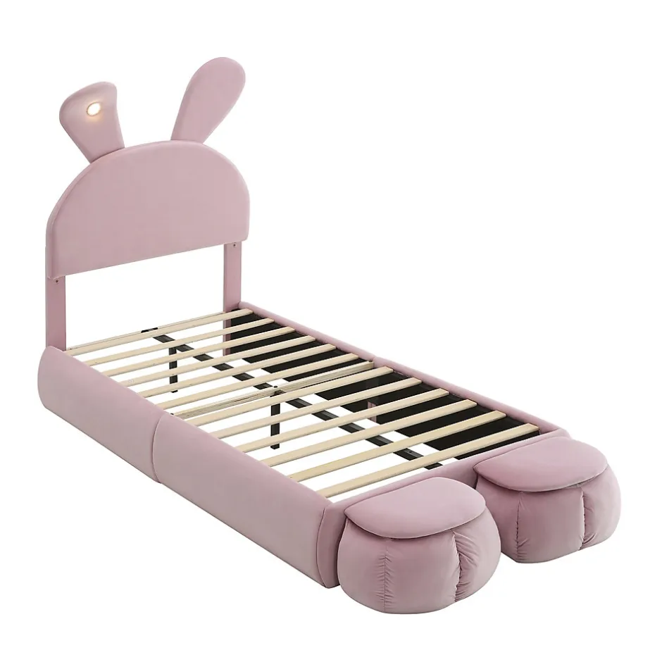 Redom Lit 90x200 cm tapissé velours rose avec oreilles de lapin et éclairage LED réglable, 2 poufs