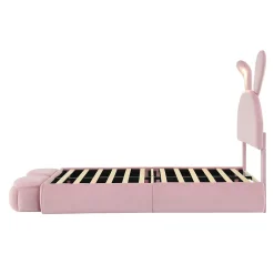Redom Lit 90x200 cm tapissé velours rose avec oreilles de lapin et éclairage LED réglable, 2 poufs