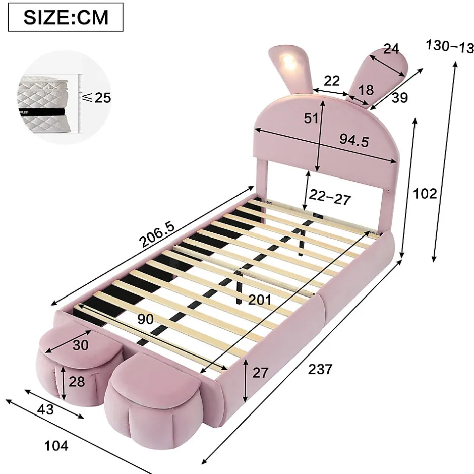 Redom Lit 90x200 cm tapissé velours rose avec oreilles de lapin et éclairage LED réglable, 2 poufs