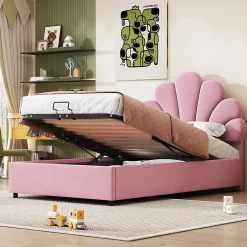 Redom Lit 90x200 cm tapissé velours rose avec tête de lit fleurie et coffre de rangement hydraulique Best