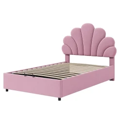 Redom Lit 90x200 cm tapissé velours rose avec tête de lit fleurie et coffre de rangement hydraulique Best