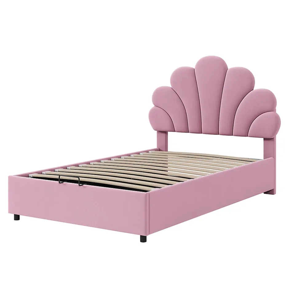 Redom Lit 90x200 cm tapissé velours rose avec tête de lit fleurie et coffre de rangement hydraulique Best