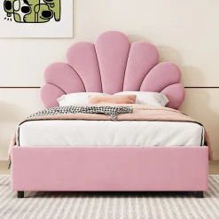 Redom Lit 90x200 cm tapissé velours rose avec tête de lit fleurie et coffre de rangement hydraulique Best