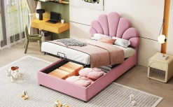 Redom Lit 90x200 cm tapissé velours rose avec tête de lit fleurie et coffre de rangement hydraulique Best