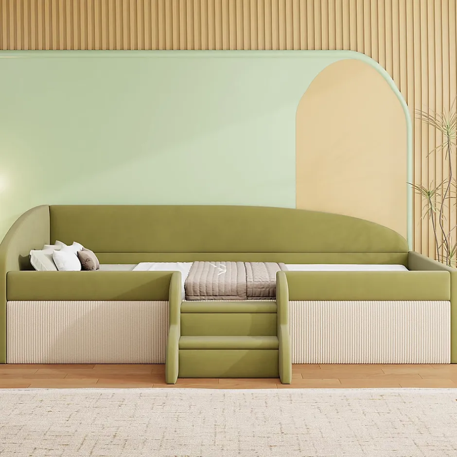 Redom Lit 90x190 cm tapissé velours vert et crème, colorblock, barrières de sécurité et marches antidérapantes Online
