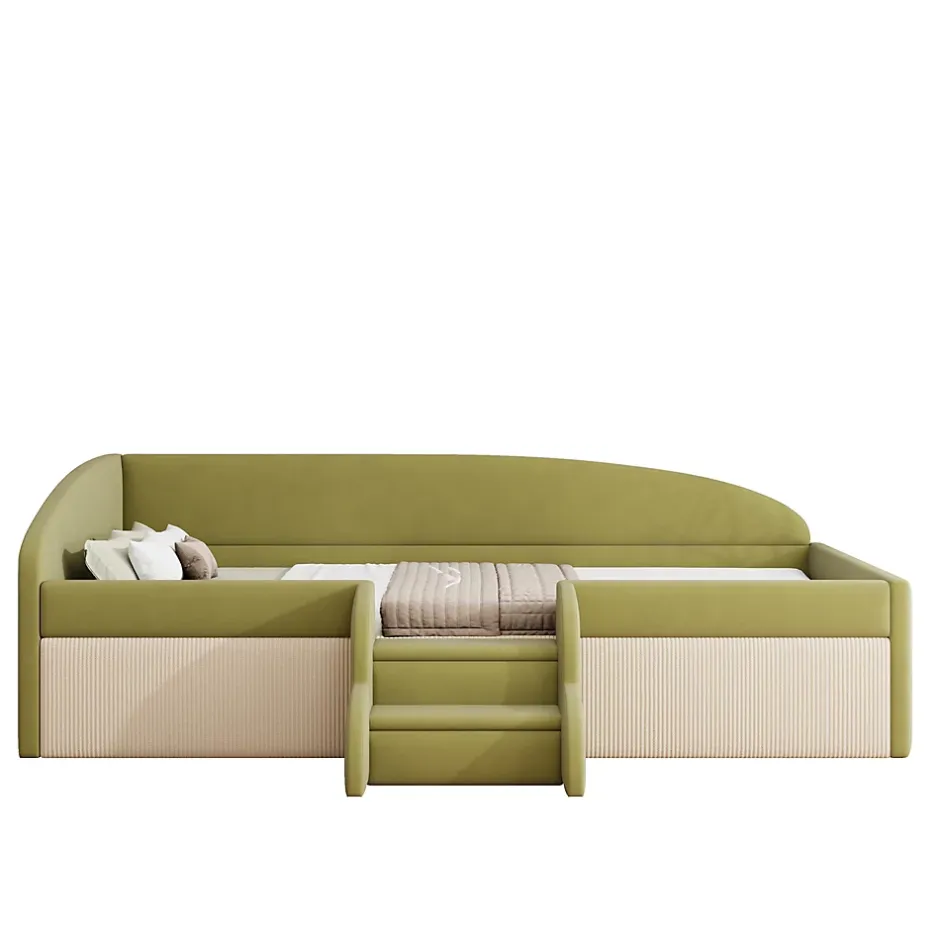 Redom Lit 90x190 cm tapissé velours vert et crème, colorblock, barrières de sécurité et marches antidérapantes Online