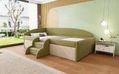 Redom Lit 90x190 cm tapissé velours vert et crème, colorblock, barrières de sécurité et marches antidérapantes Online
