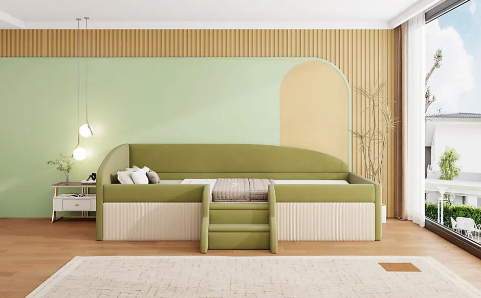 Redom Lit 90x190 cm tapissé velours vert et crème, colorblock, barrières de sécurité et marches antidérapantes Online