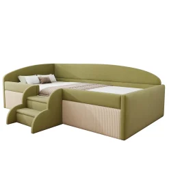 Redom Lit 90x190 cm tapissé velours vert et crème, colorblock, barrières de sécurité et marches antidérapantes Online