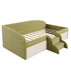 Redom Lit 90x190 cm tapissé velours vert et crème, colorblock, barrières de sécurité et marches antidérapantes Online