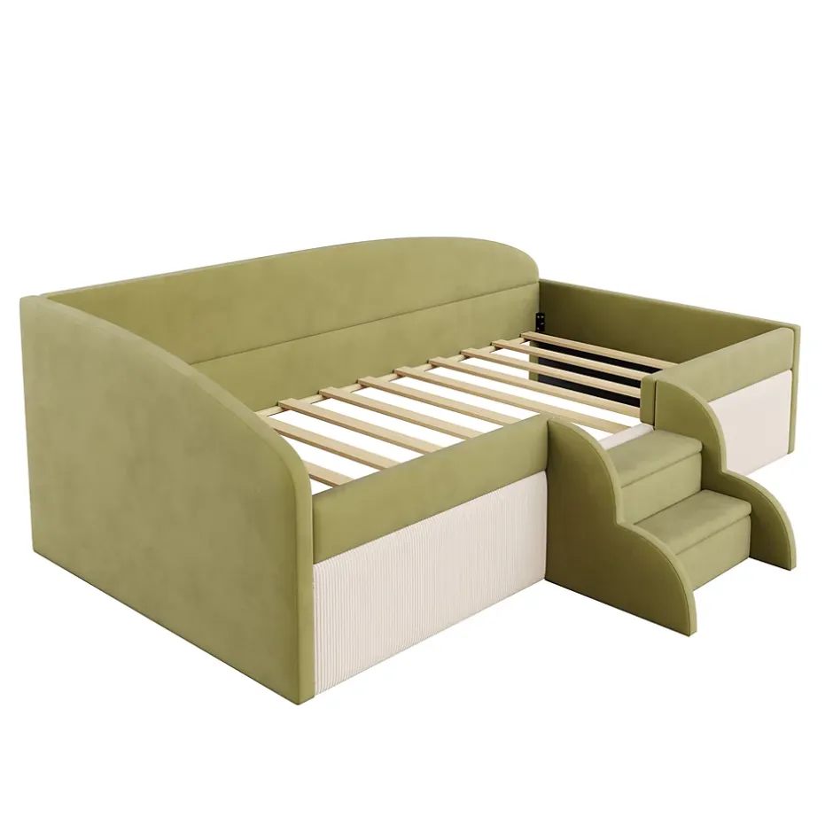 Redom Lit 90x190 cm tapissé velours vert et crème, colorblock, barrières de sécurité et marches antidérapantes Online