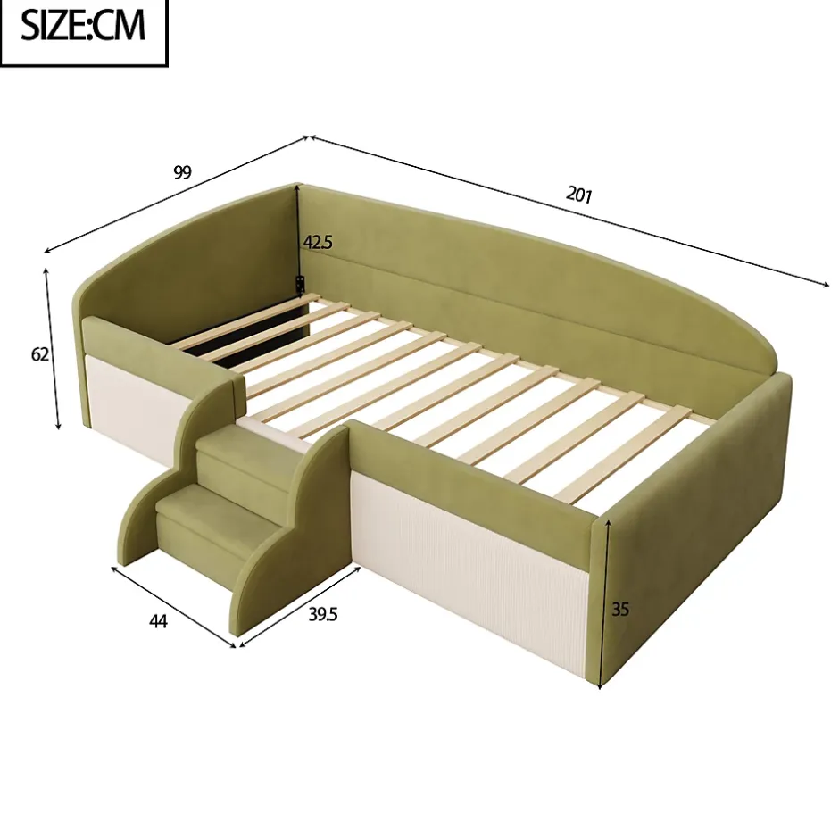 Redom Lit 90x190 cm tapissé velours vert et crème, colorblock, barrières de sécurité et marches antidérapantes Online