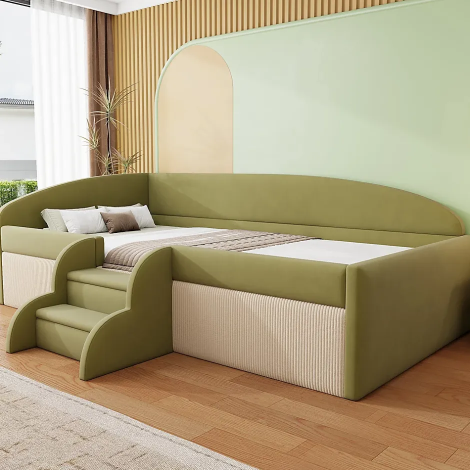 Redom Lit 90x190 cm tapissé velours vert et crème, colorblock, barrières de sécurité et marches antidérapantes Online