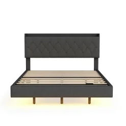 Redom Lit 140x200 cm tapisse tissu lin gris, bande LED multicolore, port USB, coffre de rangement et tete de lit reglable Sale
