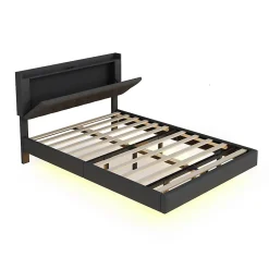 Redom Lit 140x200 cm tapisse tissu lin gris, bande LED multicolore, port USB, coffre de rangement et tete de lit reglable Sale