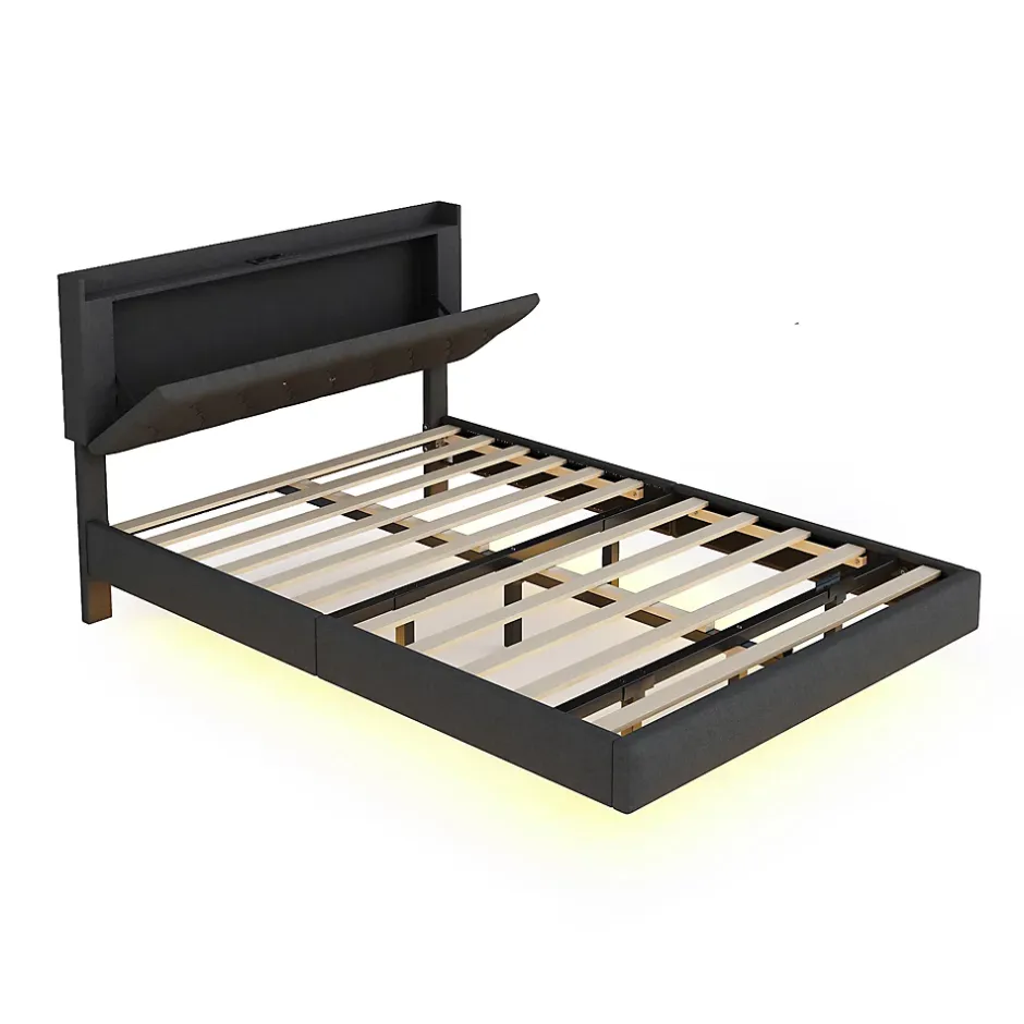 Redom Lit 140x200 cm tapisse tissu lin gris, bande LED multicolore, port USB, coffre de rangement et tete de lit reglable Sale