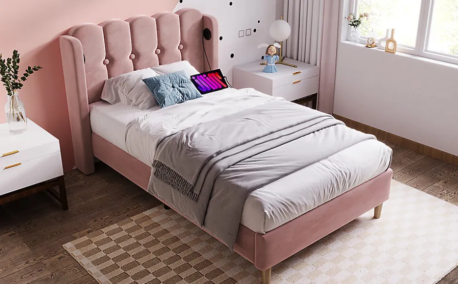 Redom Lit 90x200 cm tapisse velours rose avec tete de lit rembourree et prise USB Type C integree