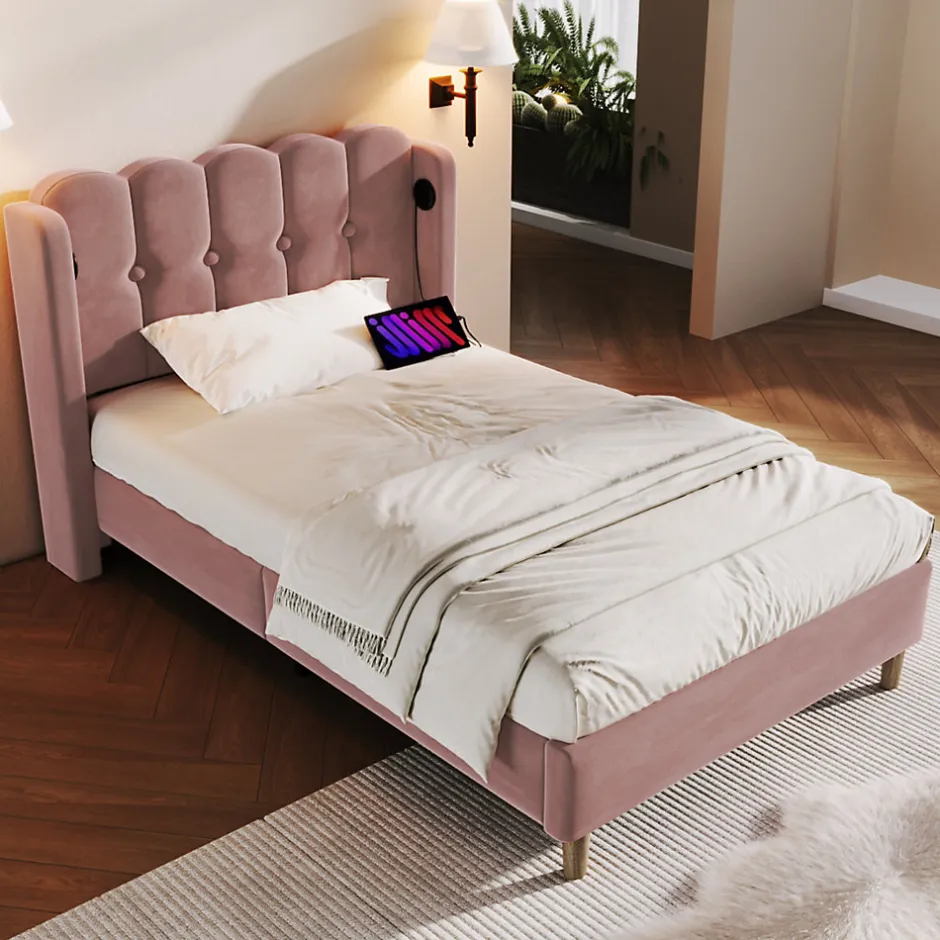 Redom Lit 90x200 cm tapisse velours rose avec tete de lit rembourree et prise USB Type C integree