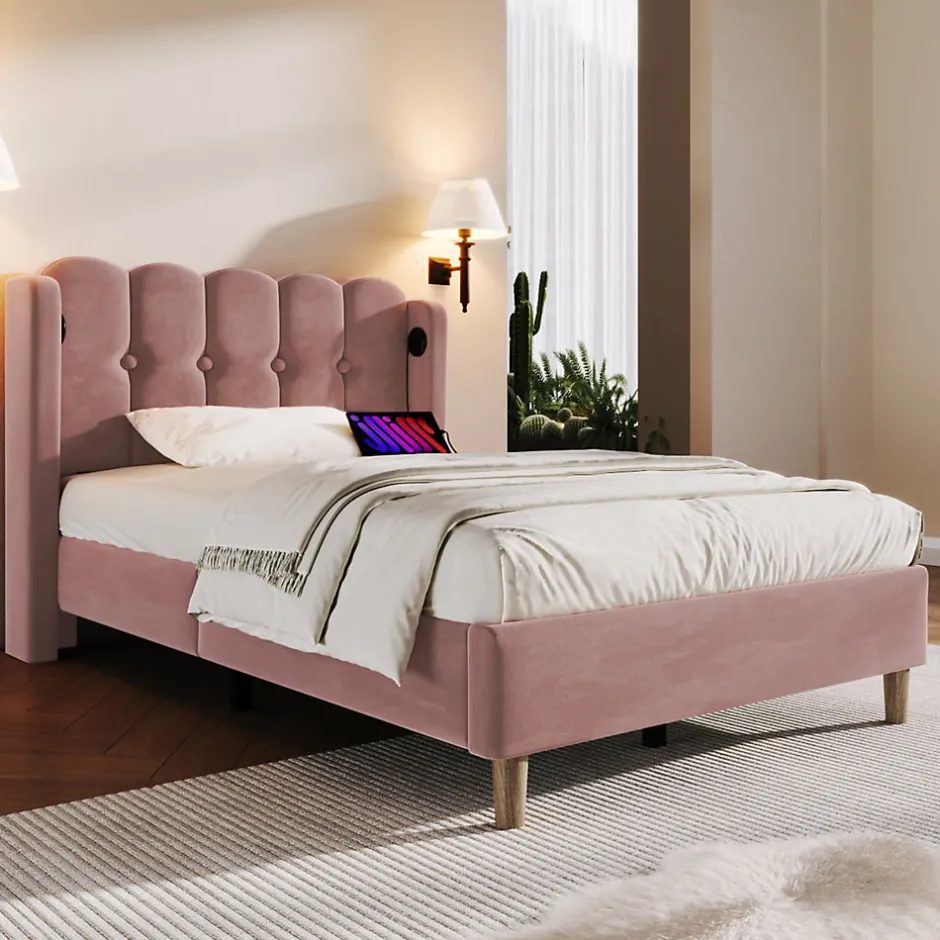 Redom Lit 90x200 cm tapisse velours rose avec tete de lit rembourree et prise USB Type C integree