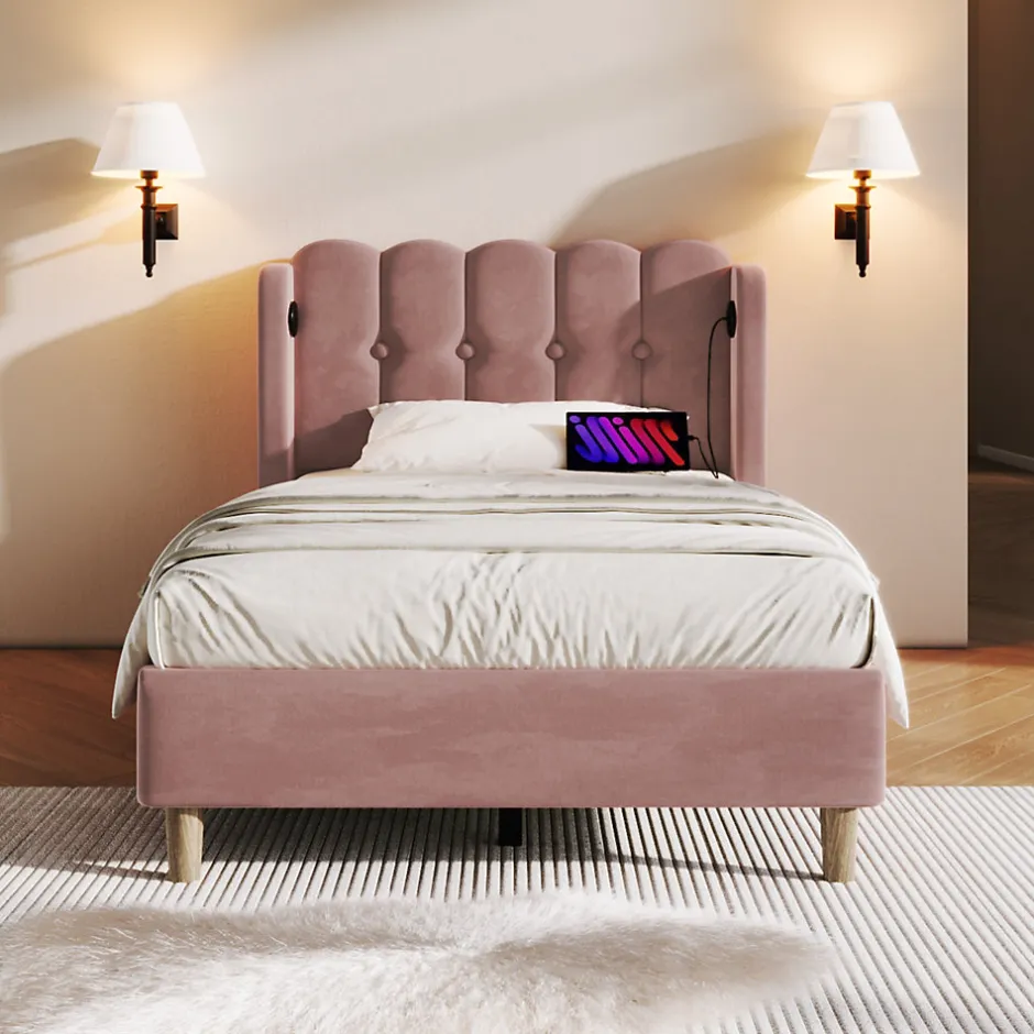 Redom Lit 90x200 cm tapisse velours rose avec tete de lit rembourree et prise USB Type C integree