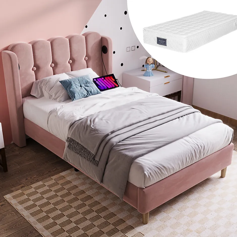 Redom Lit 90x200 cm tapisse velours rose avec tete de lit rembourree et prise USB Type C integree