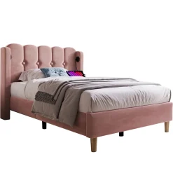 Redom Lit 90x200 cm tapisse velours rose avec tete de lit rembourree et prise USB Type C integree