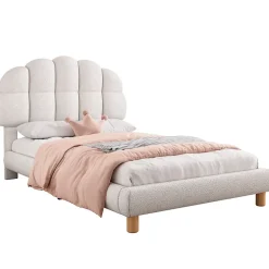 Redom Lit 90x200 cm tapisse velours blanc, tete demi cercle reglable et cadre MDF robuste et securisant Hot