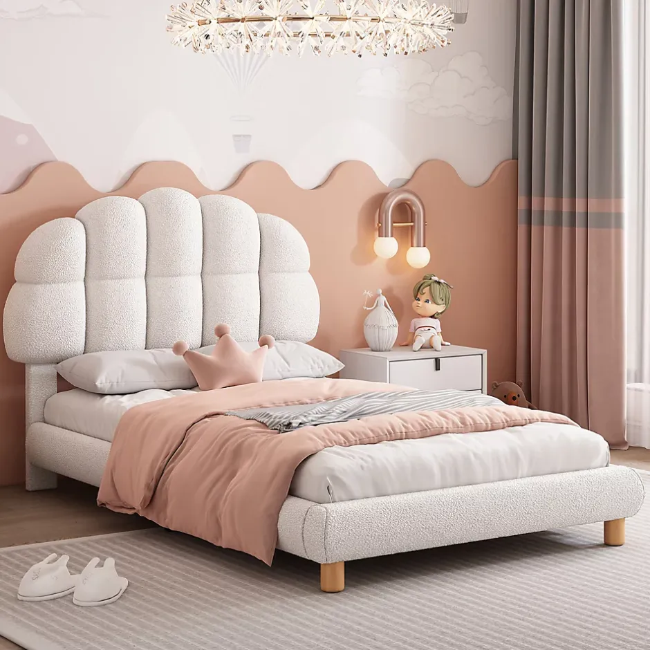Redom Lit 90x200 cm tapisse velours blanc, tete demi cercle reglable et cadre MDF robuste et securisant Hot