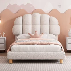 Redom Lit 90x200 cm tapisse velours blanc, tete demi cercle reglable et cadre MDF robuste et securisant Hot